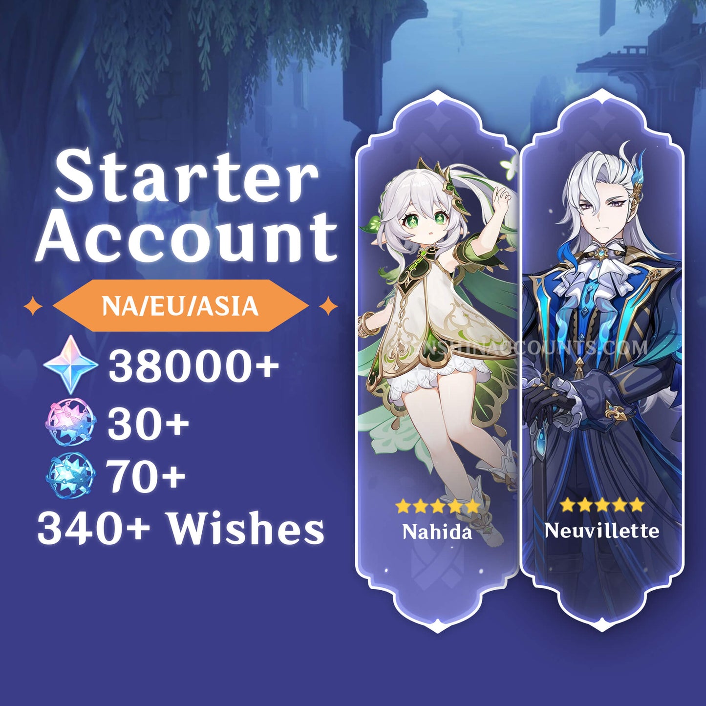 Nahida + Neuvillette with 340+ Wishes AR40+ Genshin Impact Farmed Starter Account
