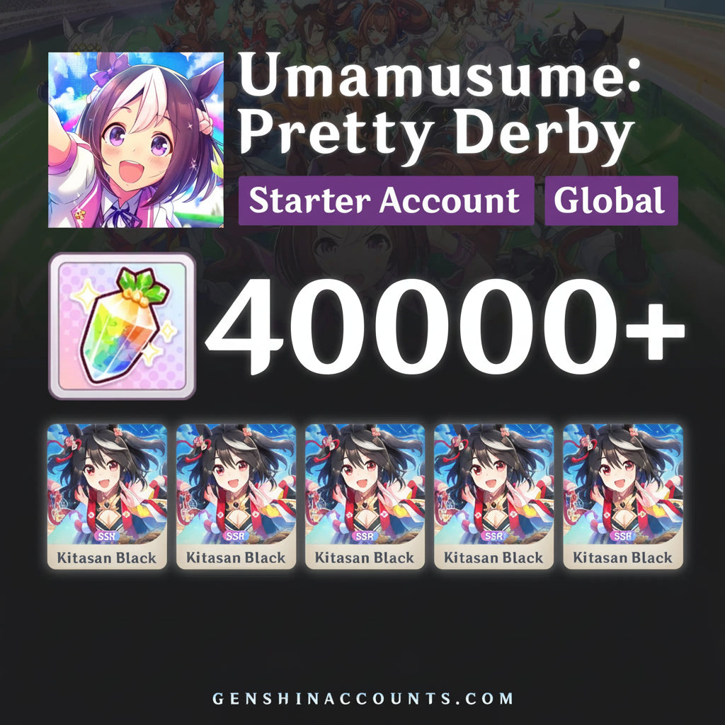 Advertisement for 'Umanusume: Pretty Derby' starter account with character images and text.