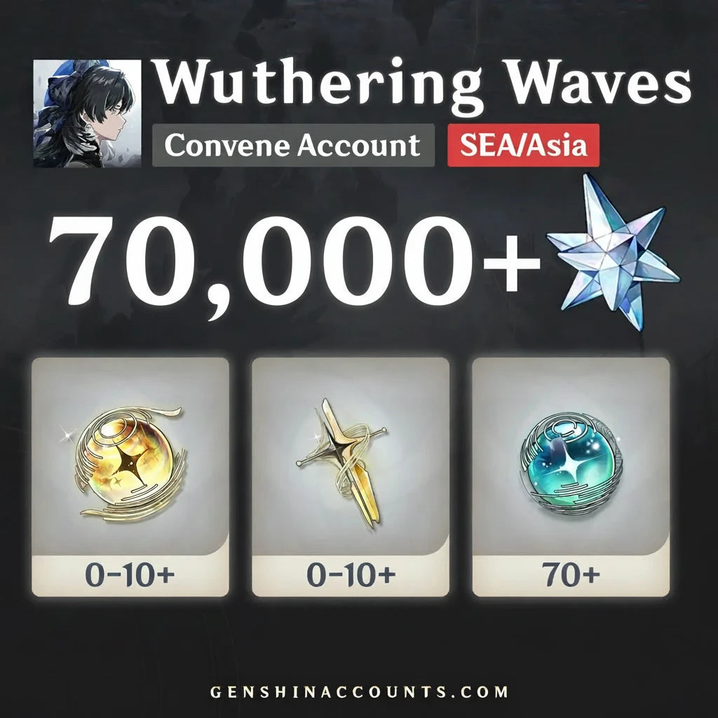 Promotional graphic for 'Wuthering Waves' with character image, account details, and game items.