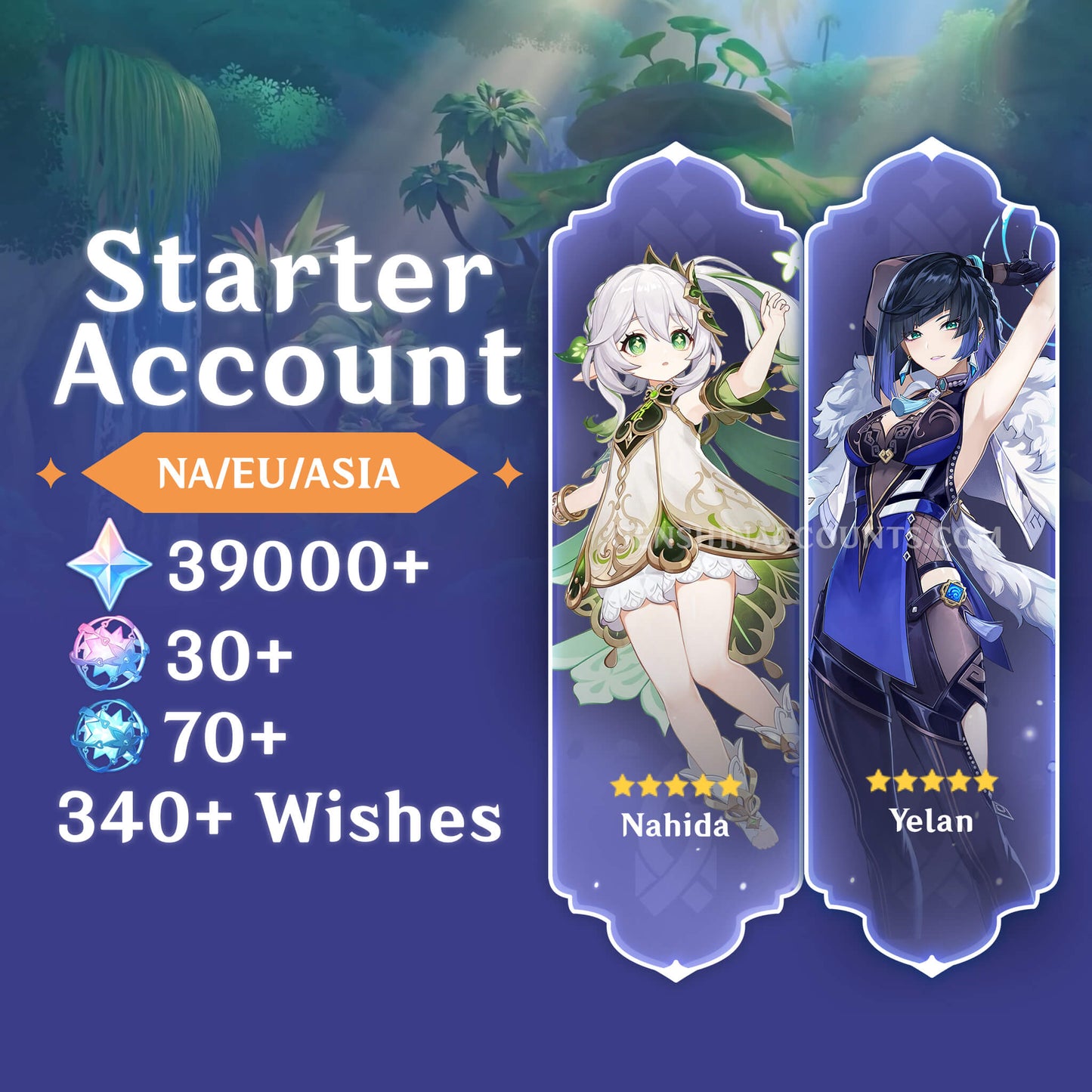 Nahida & Yelan with 340+ Wishes AR40+ Genshin Impact Farmed Starter Account