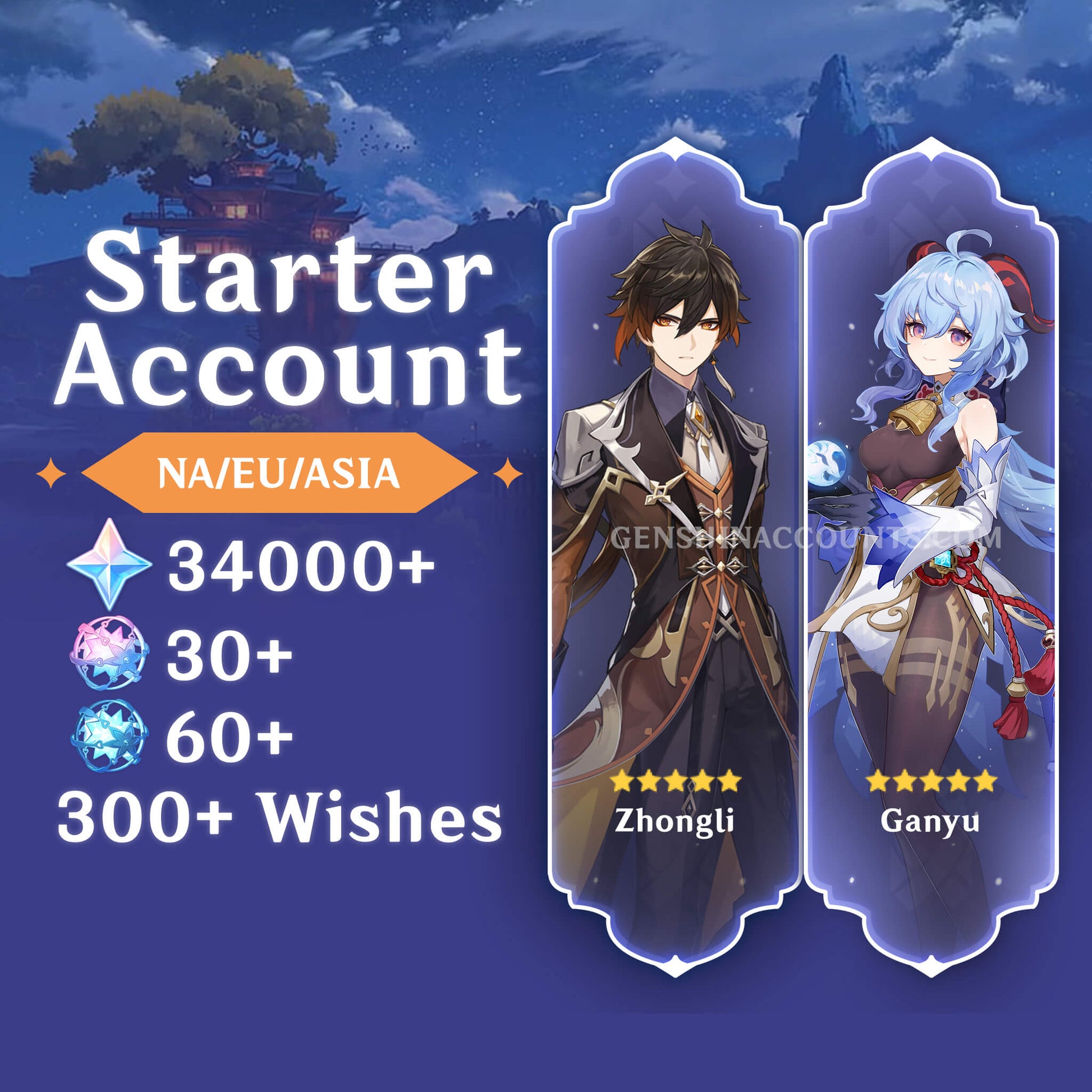 Zhongli & Ganyu With 300+ Wishes AR40+ Genshin Impact Farmed Starter Account