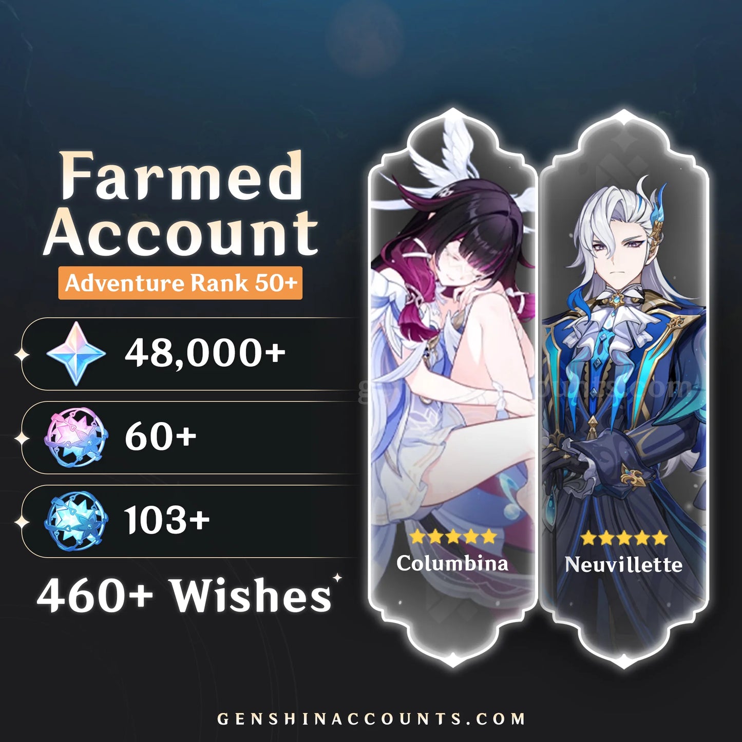 Neuvillette and Columbina Genshin Impact farmed account