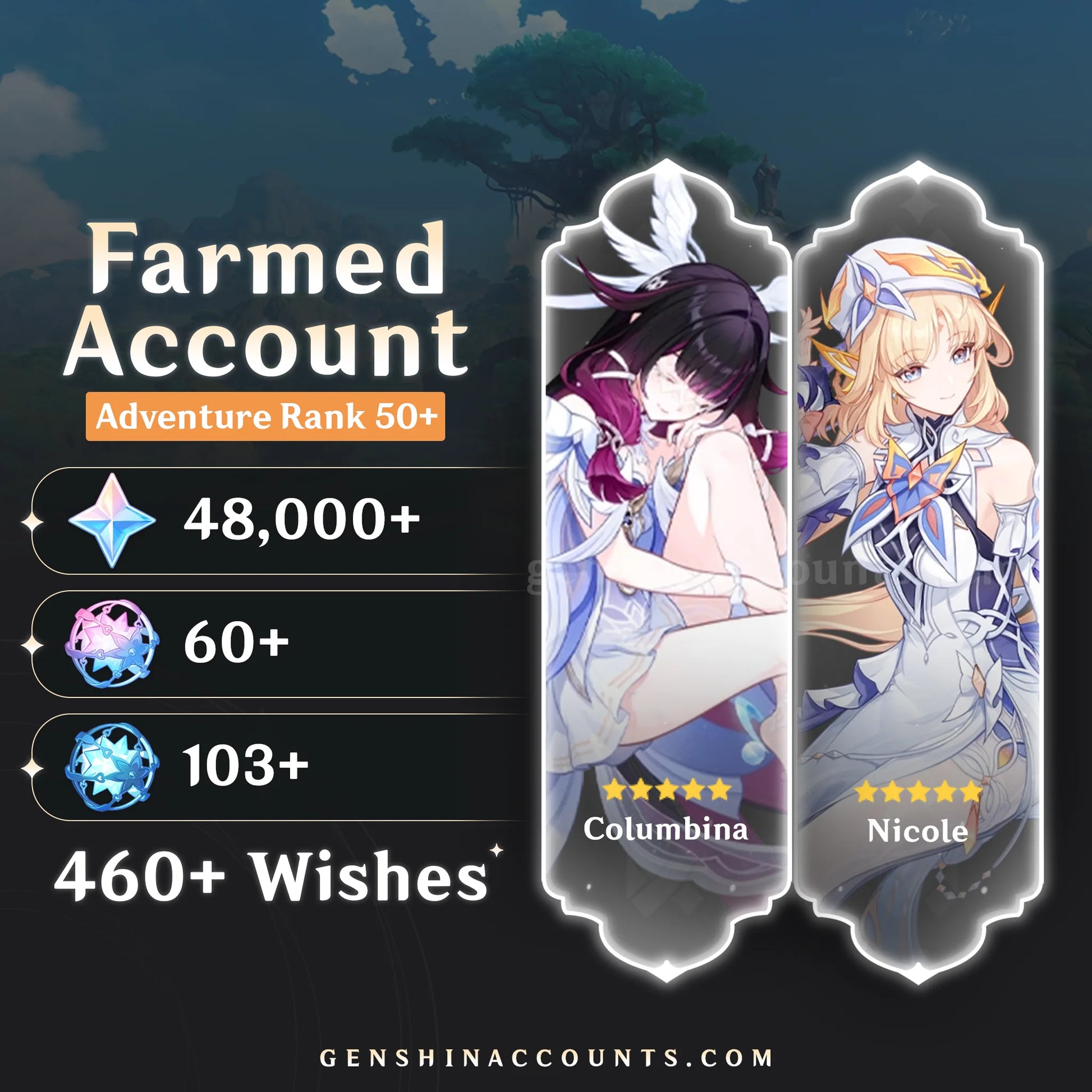 Columbina and Nicole Genshin Impact farmed account