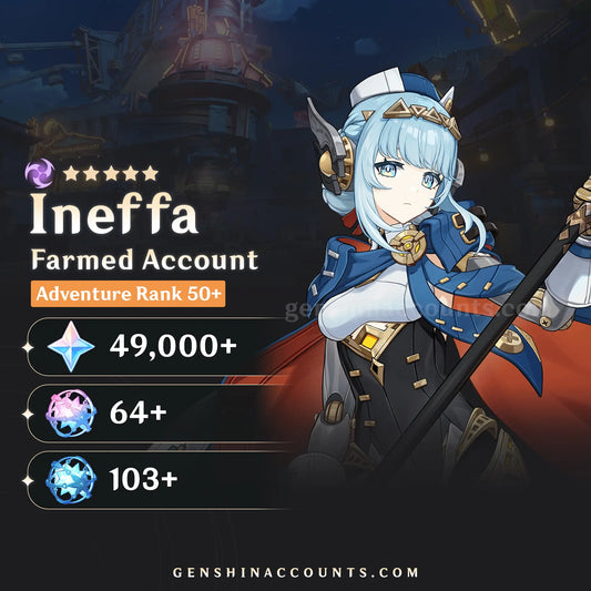 Character Ineffa from Genshin Impact with game statistics on a dark background