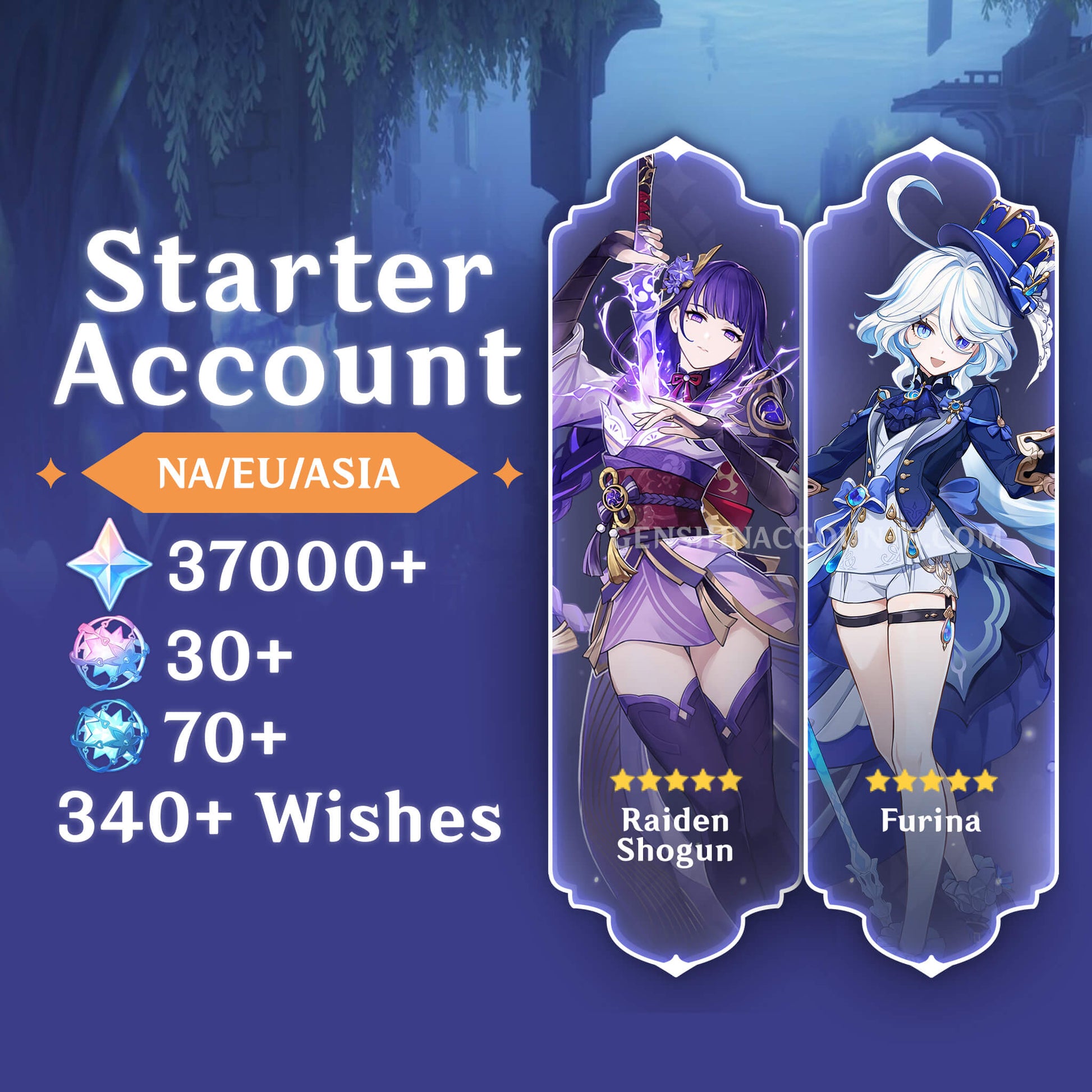 Raiden + Furina with 340+ Wishes AR40+ Genshin Impact Farmed Starter Account