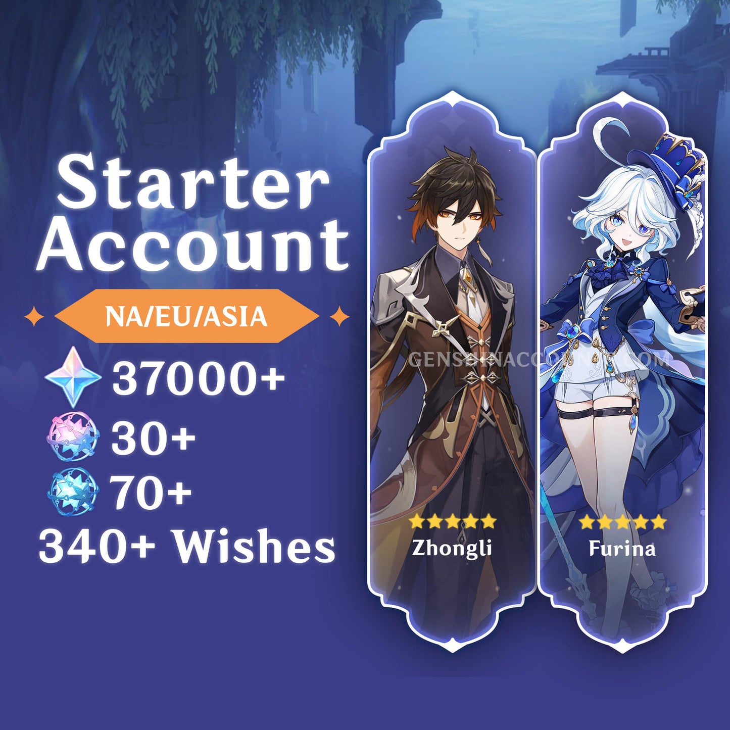 Zhongli + Furina with 340+ Wishes AR40+ Genshin Impact Farmed Starter Account